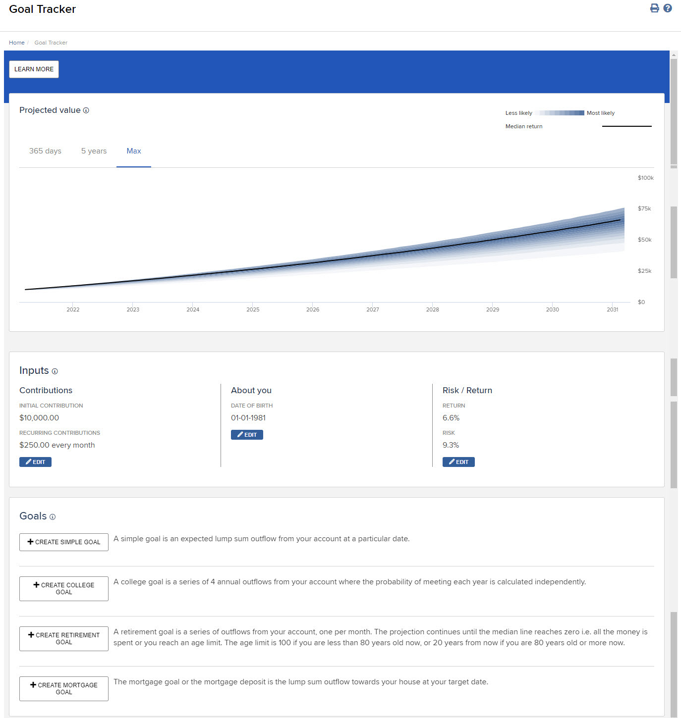 Image of the goal tracker home page in portal. 